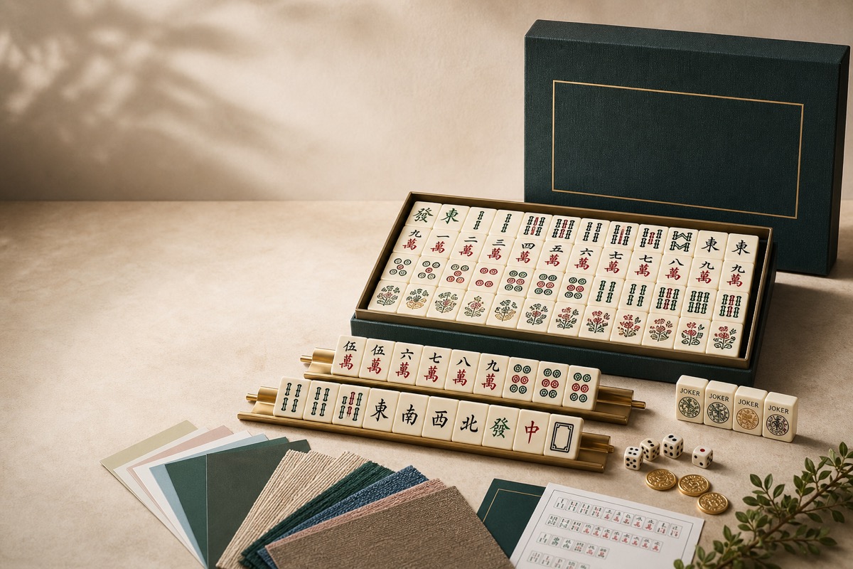 Custom American Mahjong set with tiles, racks, packaging, and material swatches